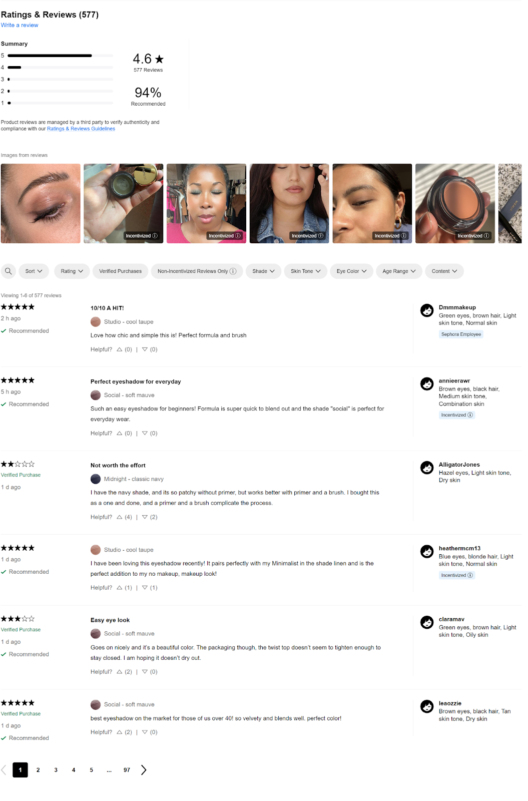 consumer reviews and filtering options on Sephora website