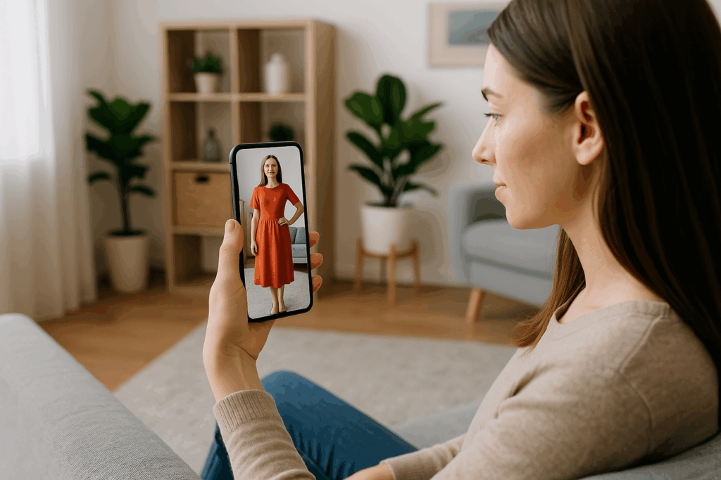 Woman shopping with video commerce in fashion on smartphone, browsing shoppable video content at home.