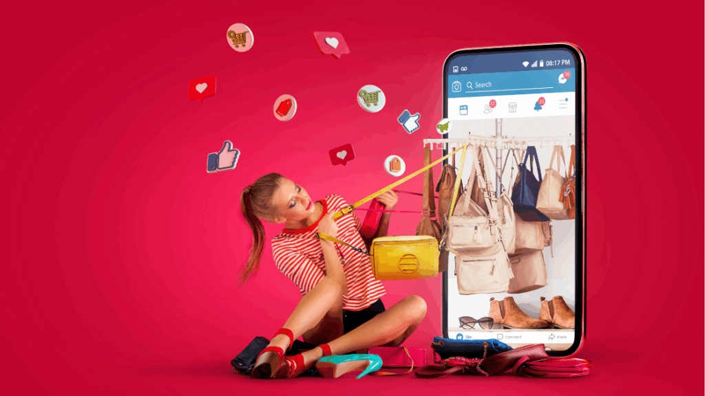 Woman shopping online through shoppable video on a smartphone, representing the future of fashion eCommerce.